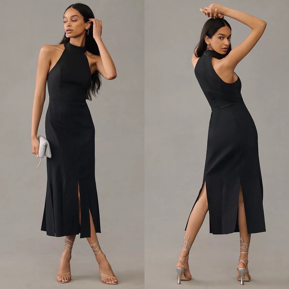NWT Anthropologie Halter Slit Fringe Midi Dress Black